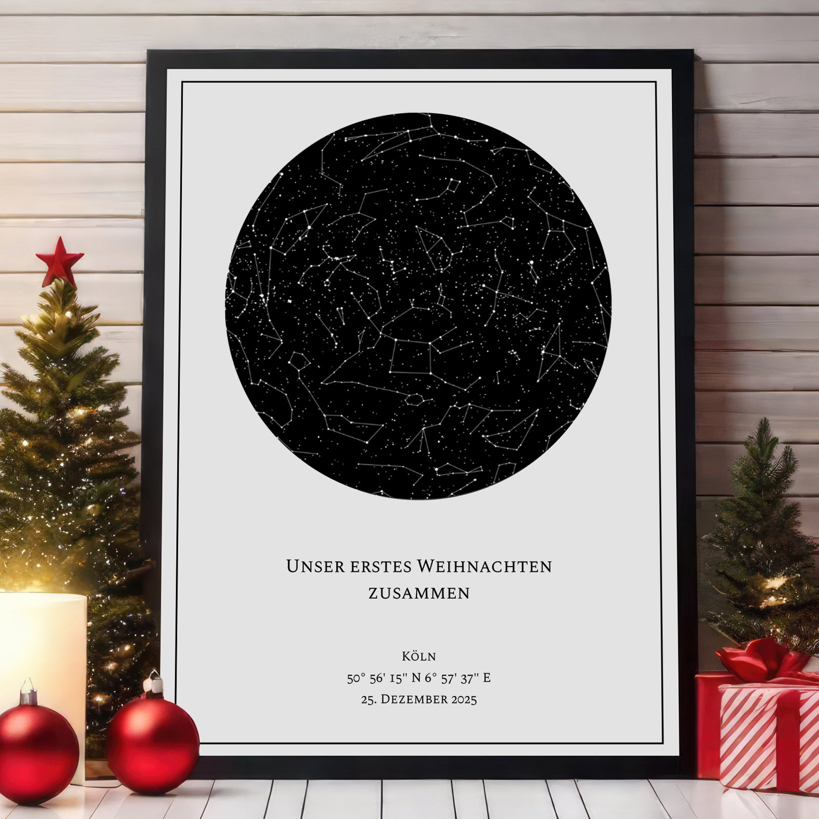 Personalisierte Sternenkarte zu Weihnachten – individuelles Sternkarten-Poster mit Datum und Namen als besonderes Geschenk