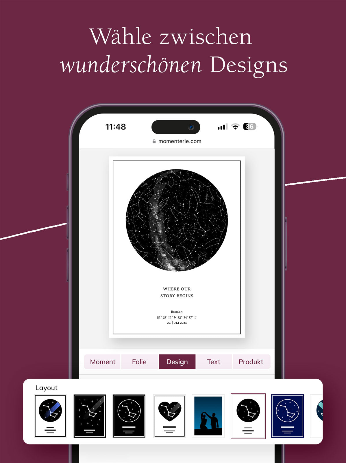 Personalisierbare Sternenkarte mit Auswahl aus verschiedenen einzigartigen Designs – online gestalten mit Datum, Ort und individueller Botschaft als besonderes Erinnerungsstück oder Geschenkidee.