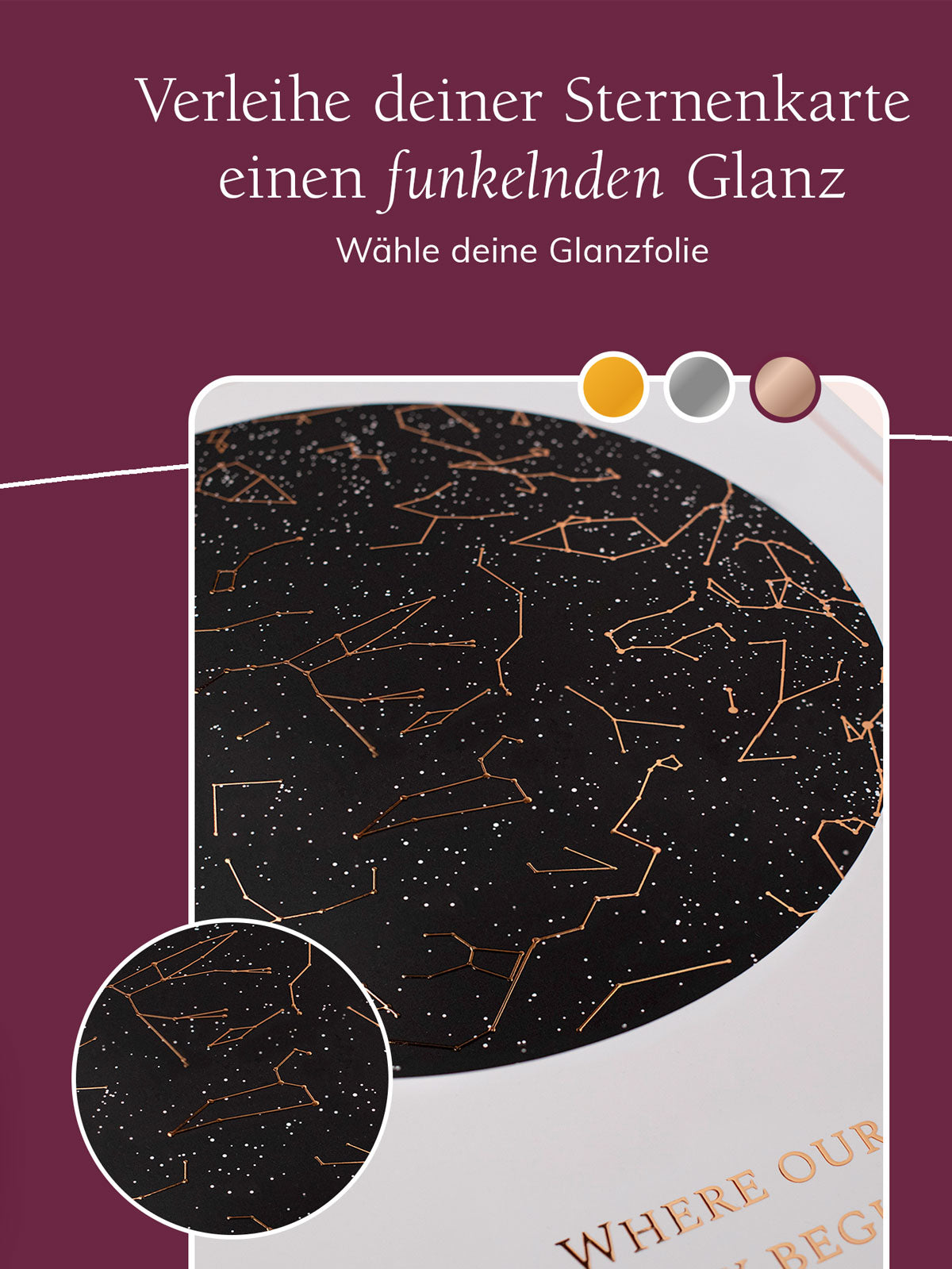 Personalisierte Sternenkarte mit hochwertiger Glanzfolie in Gold, Silber oder Roségold – stilvolles Geschenk mit funkelndem Effekt und individueller Gestaltung für besondere Anlässe.