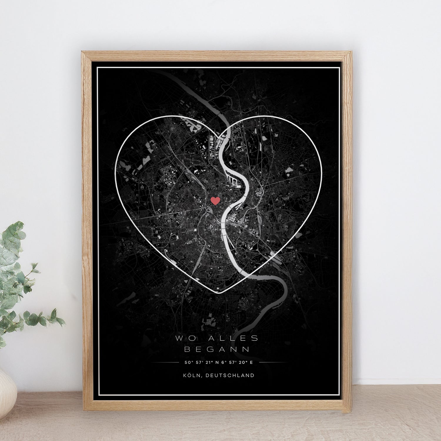 Personalisierte Stadtkarte mit Markern und Koordinaten – minimalistisches Wandposter mit individuell ausgewählten Orten